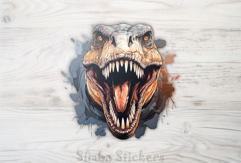 Dinosaur with mouth wide open and bloodied upper lip