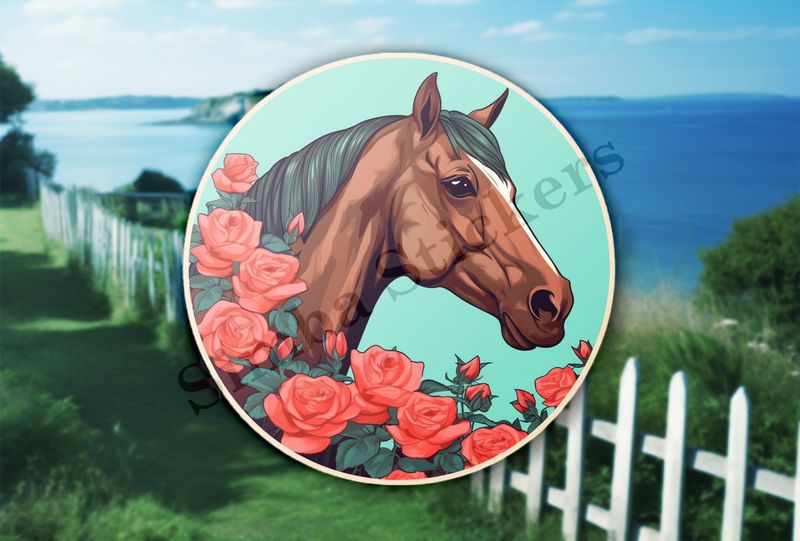 Brown horse smelling roses
