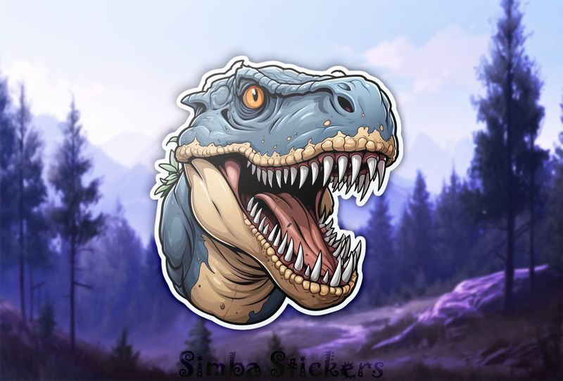 Bluish dinosaur showing large teeth