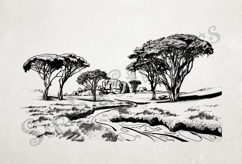 African Savanna landscape, stream in foreground, outline art