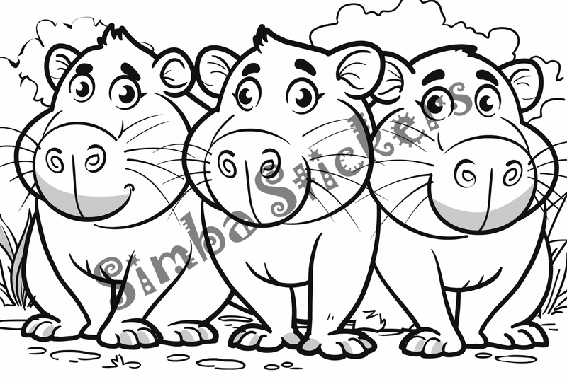 Colouring pages, bundle of capybaras in triads, 10 images