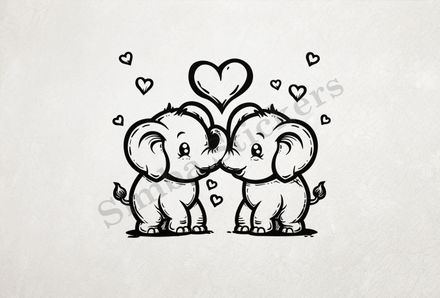 Baby elephants in love, outline art