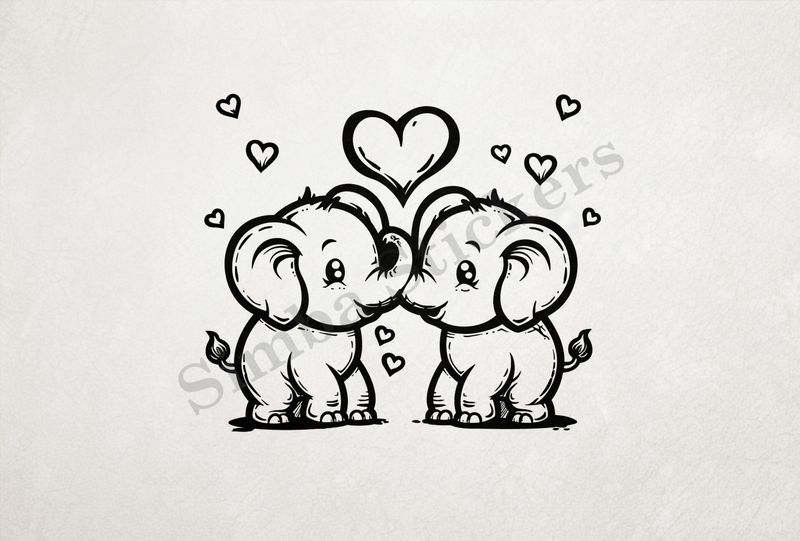Baby elephants in love, outline art