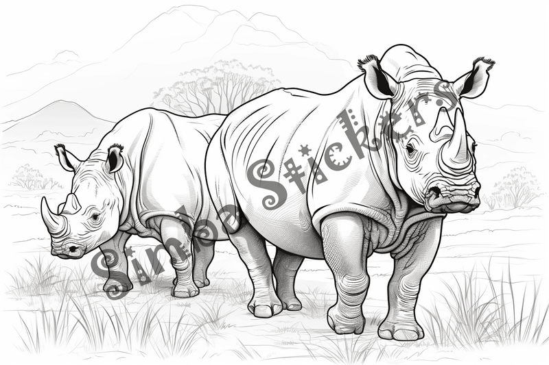 Colouring pages, bundle of rhinos, 10 images