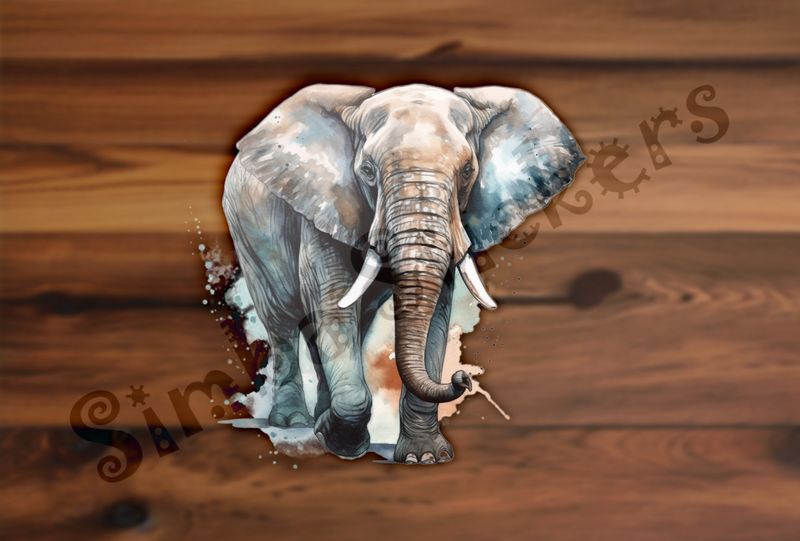 Elephant walking on grass, with light brown background, watercolour