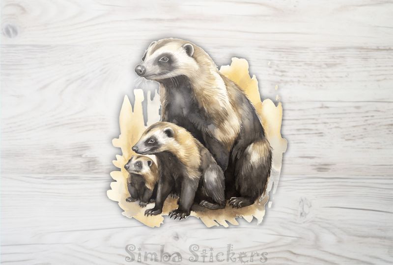 Honey Badger mother with children, watercolour, feslsk
