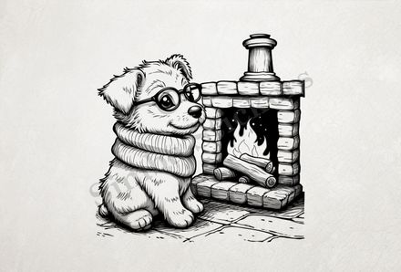 Cute dog in glasses by the fireplace, outline art