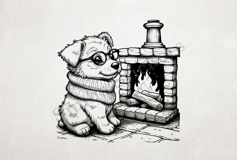 Cute dog in glasses by the fireplace, outline art