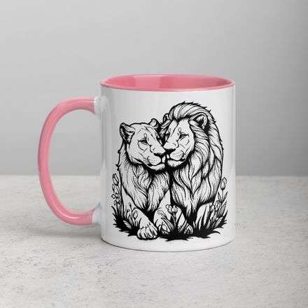 White Ceramic Mug with Color Inside,11&amp;15oz, Male lion with lioness, outline art, u5voyg 