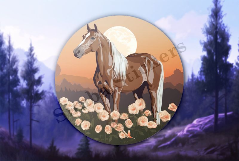 Brown horse in field of flowers at sunset