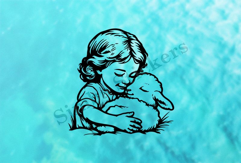 Small lamb cheek-to-cheek with small girl, outline art