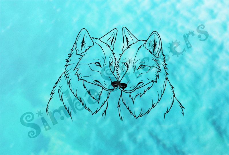 Wolves nose-to-nose in love, outline art