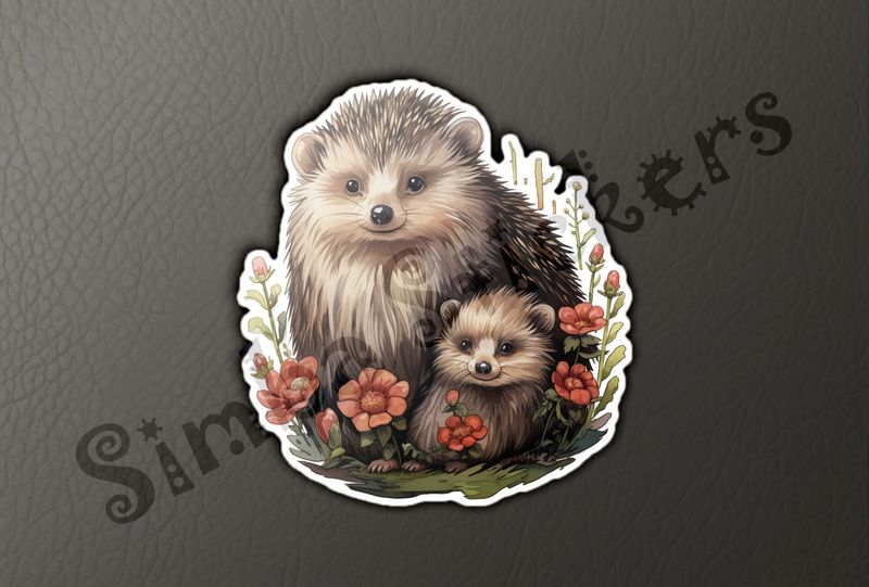 Porcupine mother with child amongst flowers