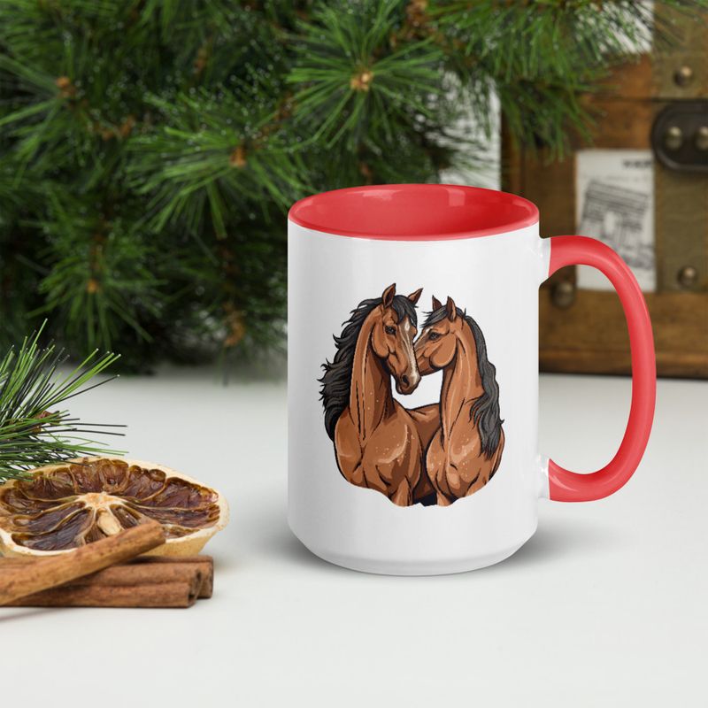 White Ceramic Mug with Color Inside, 11&amp;15oz, Two brown horses snuggling, tdwcyd