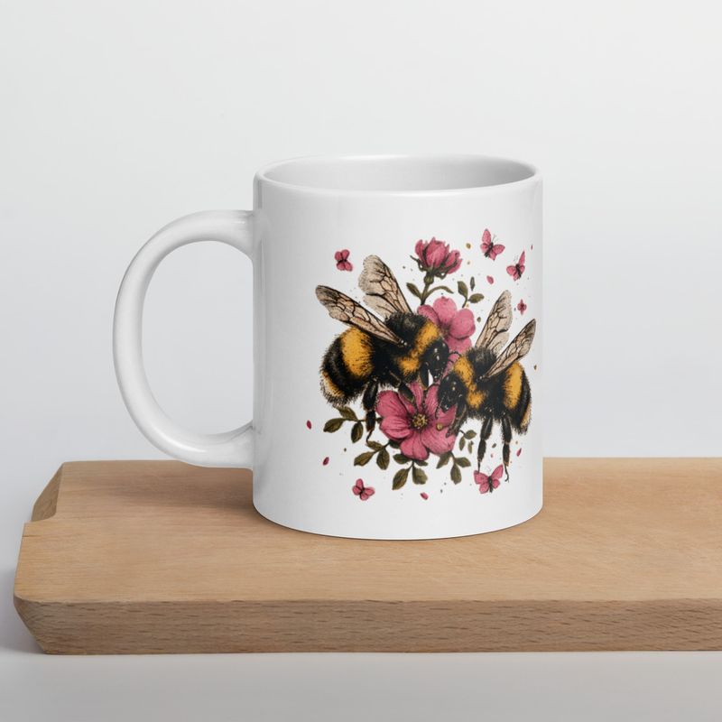 White Glossy Mug, 20oz, Bees in love buzzing around pinkish flowers, vintage style 