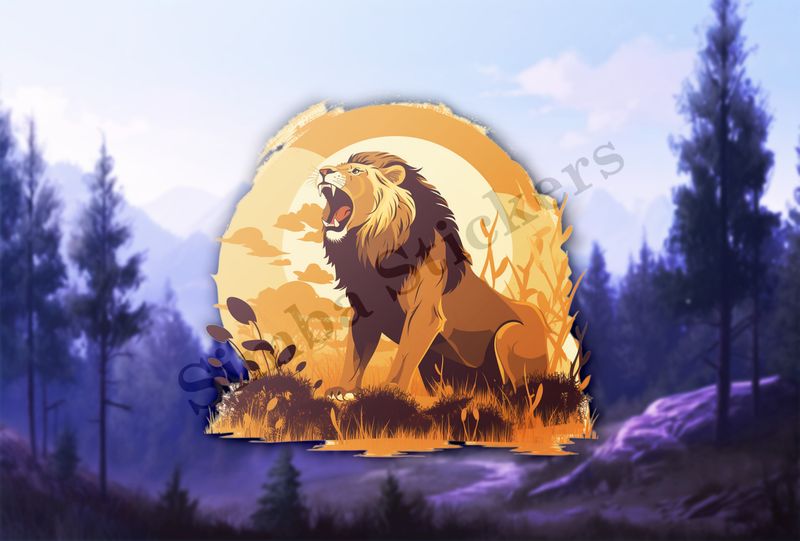 Male lion roaring at sunrise