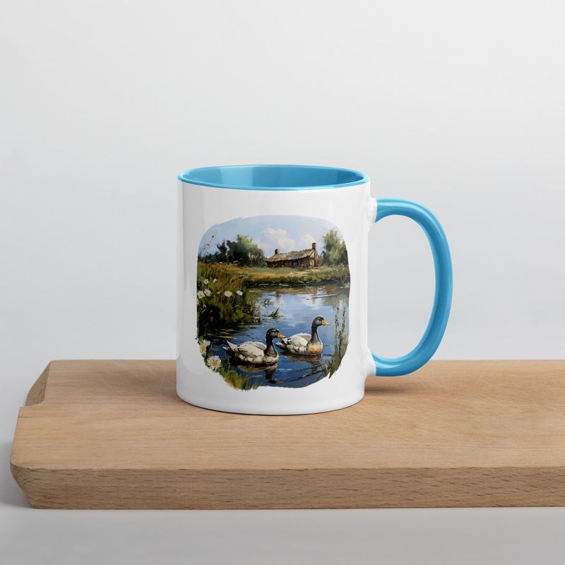 White Ceramic Mug with Color Inside, 11 &amp;15oz, Ducks in love swimming in farmhouse pond 