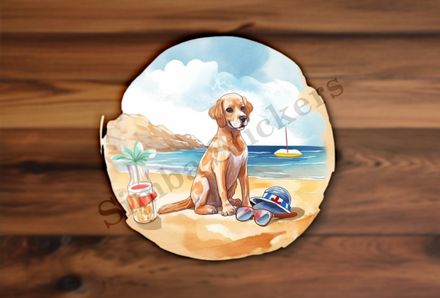 Dog at the beach, next to hat, watercolour