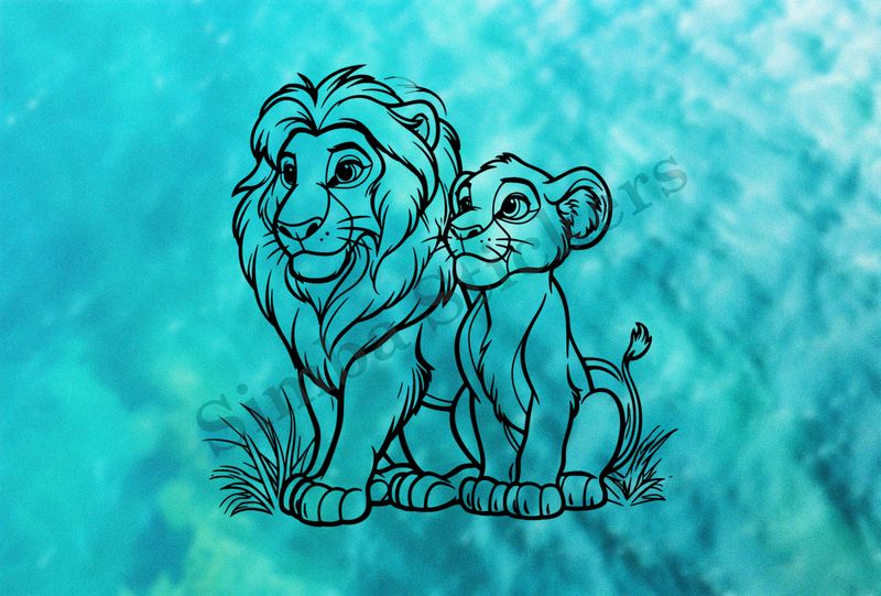 Male lion with cub, outline art