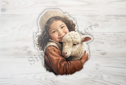 Sheep in arms of  girl of Asian origin in white hat, vintage