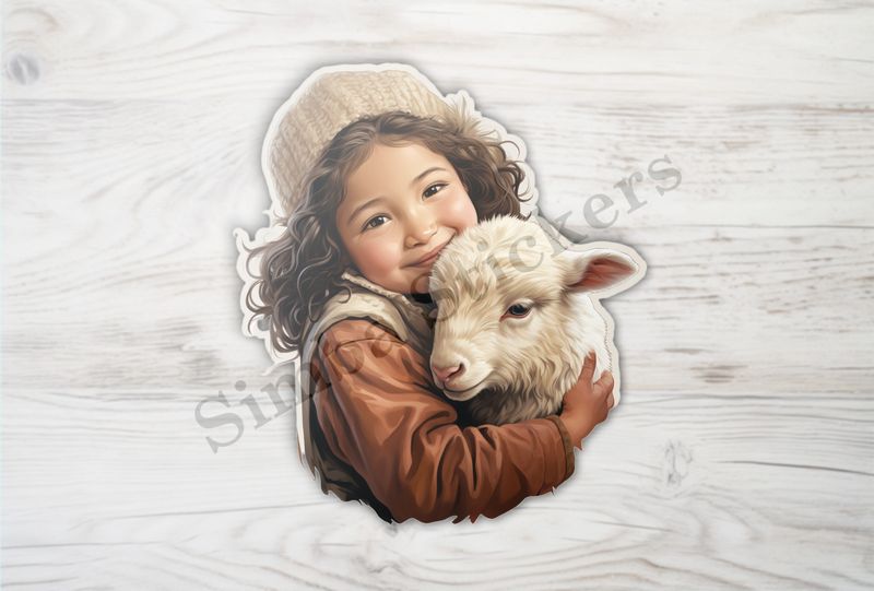 Sheep in arms of  girl of Asian origin in white hat, vintage