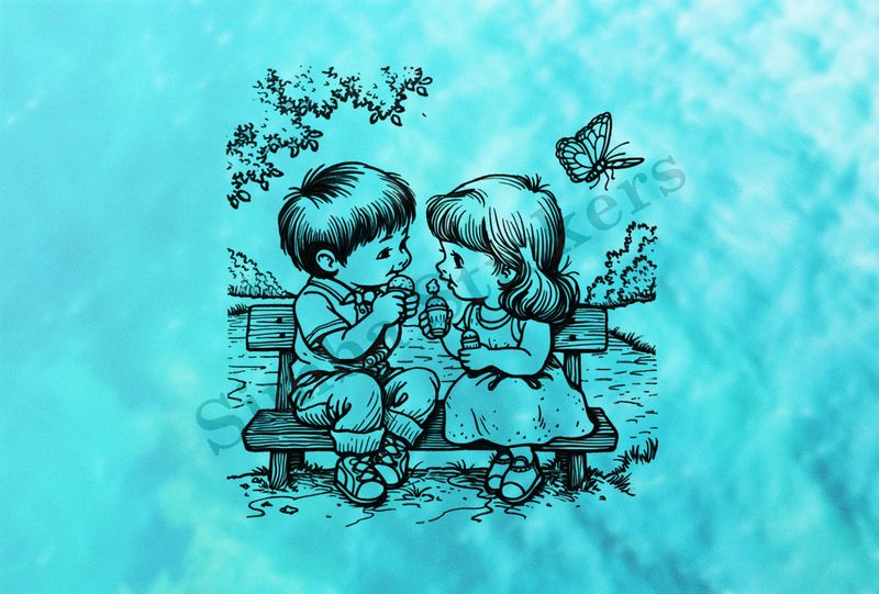 Boy and girl eating ice cream on a park bench by a pond, outline art