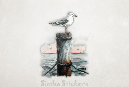 Seagull perching on a beach pole out in water, watercolour, oyljb0