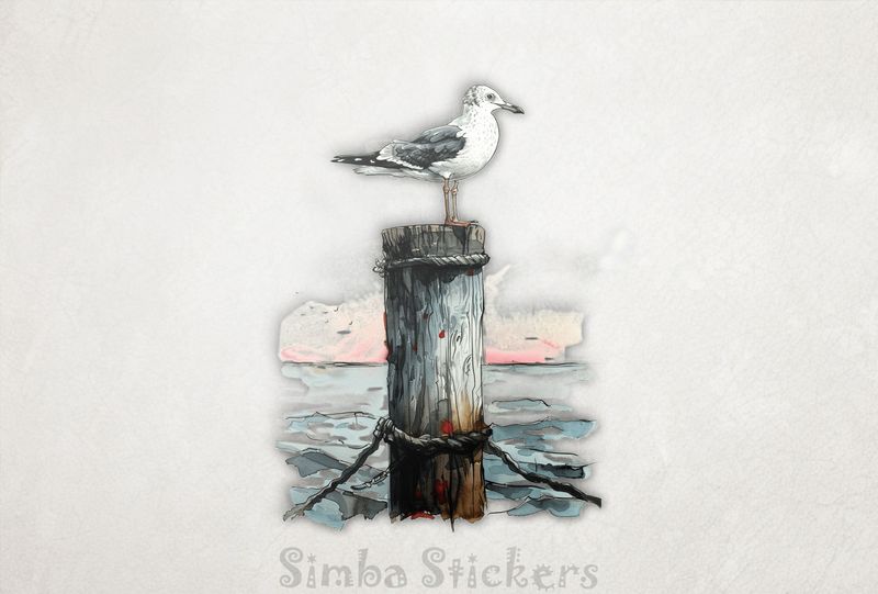 Seagull perching on a beach pole out in water, watercolour, oyljb0