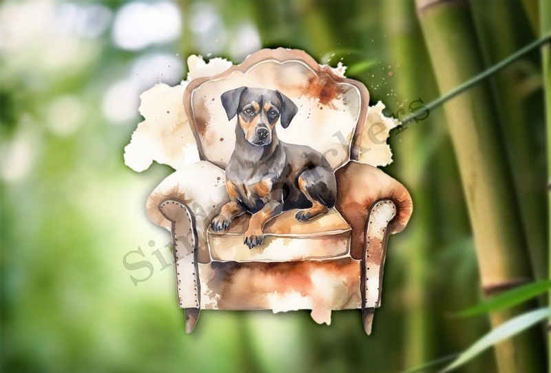 Dog sitting in armchair, watercolour