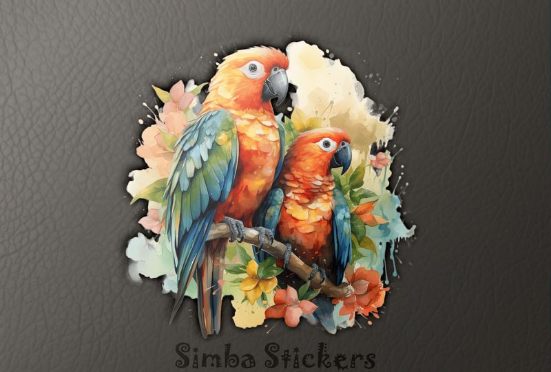 Parrots in love perching above and among flowers, qbar4x