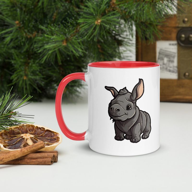 White Ceramic Mug with Color Inside, 11oz &amp; 15oz, Black rhino calf looking cute 