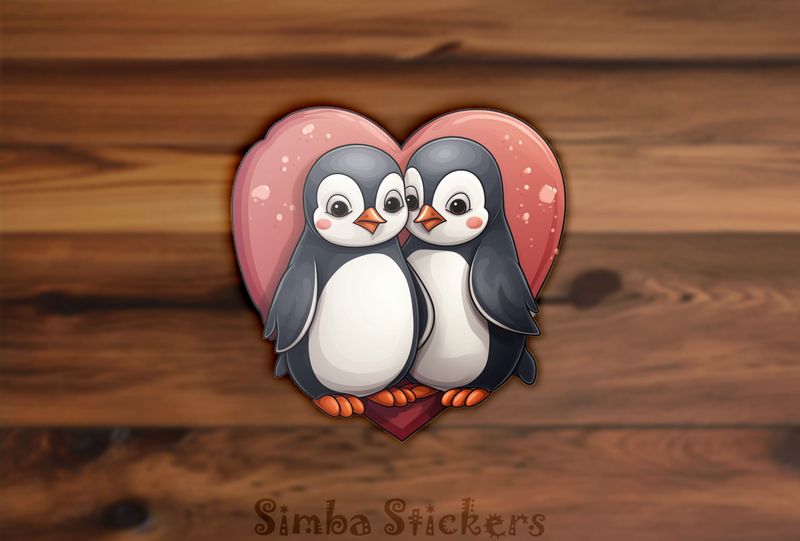 Penguins cheek-to-cheek with romantic Valentine&#x27;s heart, epucnh