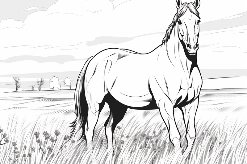 Colouring pages, bundle of horses on grass, 10 images