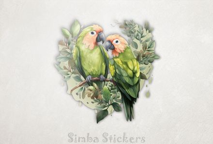 Green parrots in green leaves, watercolour, yk2x8b
