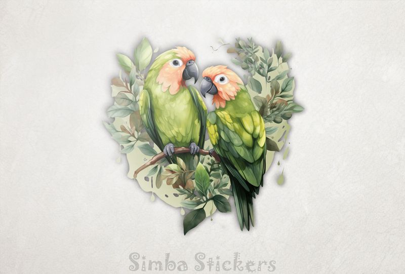 Green parrots in green leaves, watercolour, yk2x8b