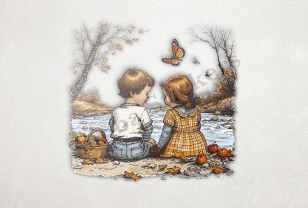 Boy and girl with a picnic basket by a river, fruits on the ground