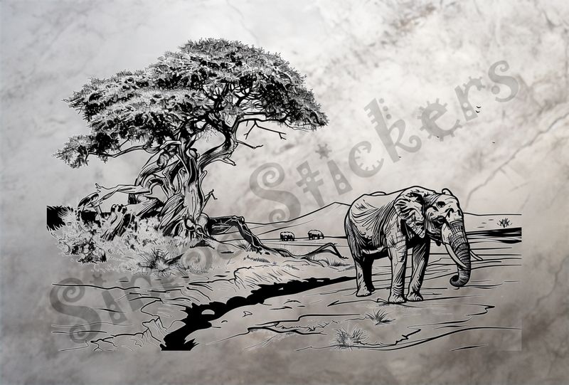 African Savanna landscape, with elephant, outline art