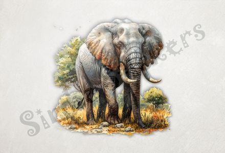 Elephant in brown grass in front of green tree, watercolour, uvqbur