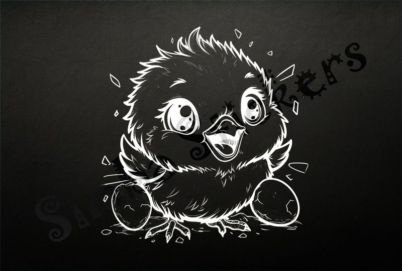 Chick just hatched, next to 2 smaller eggs, outline art