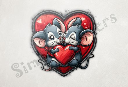 Mice in love cutely holding onto smaller Valentine&#x27;s heart tightly, inside larger heart