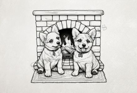 Dogs in love by the fireplace, outline art, reqw9m