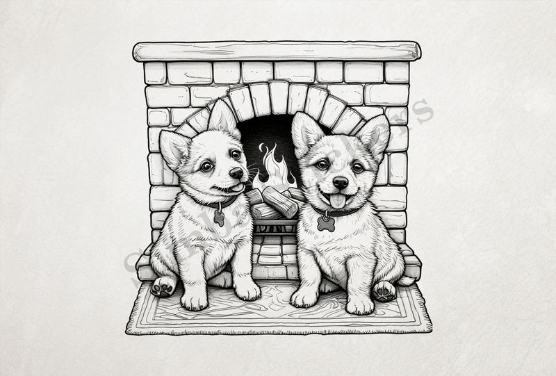 Dogs in love by the fireplace, outline art, reqw9m