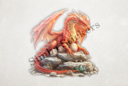 Red dragon brooding. extending arms over her eggs, watercolour