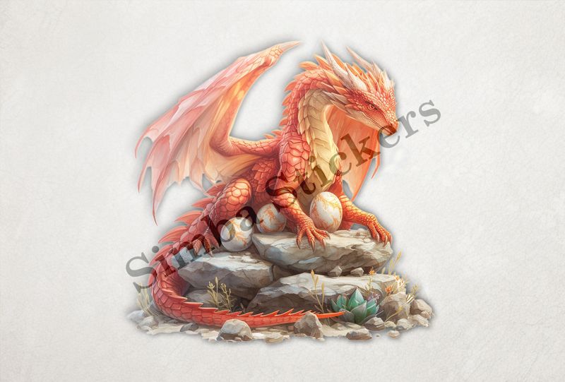 Red dragon brooding. extending arms over her eggs, watercolour