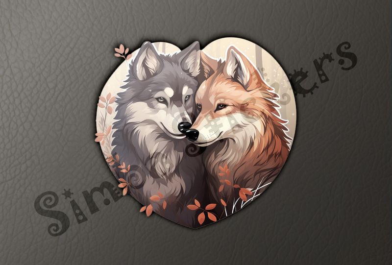 Wolves in love, cuddling, in heart shape