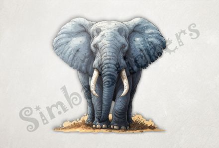 Elephant ears wide-open standing on brownish-goldish ground, watercolour
