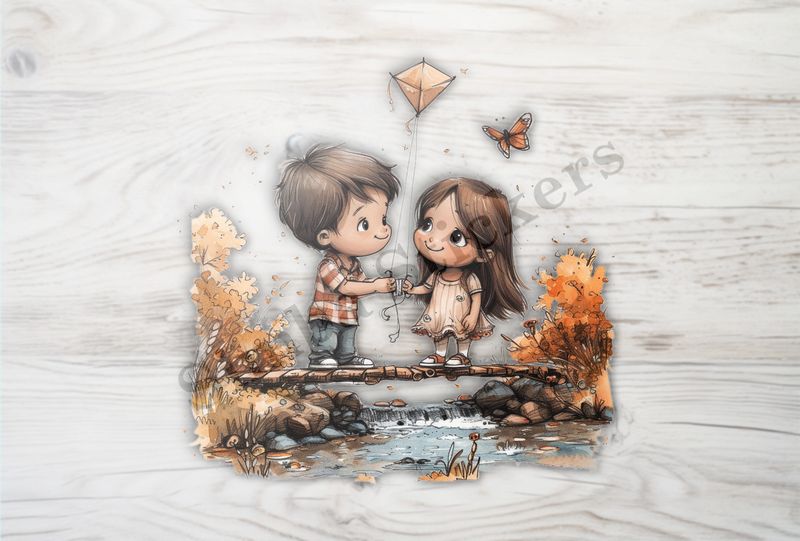 Boy and girl holding a kite on a bridge, watercolour