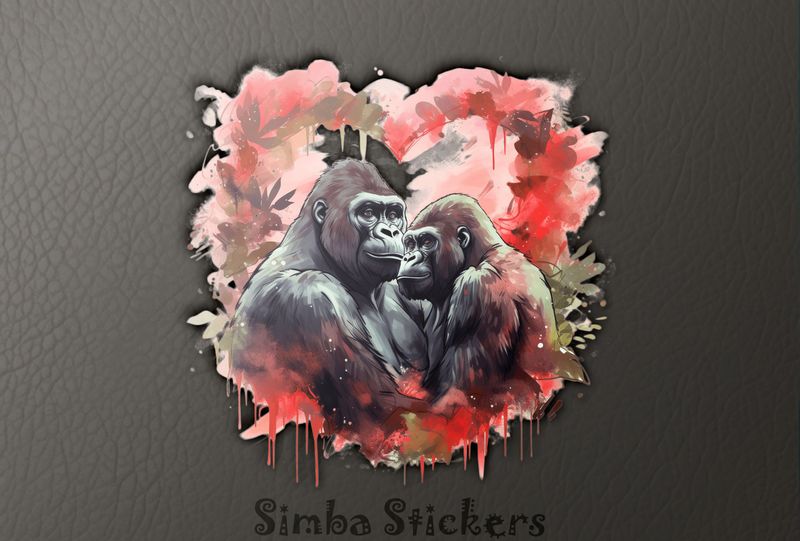 Gorillas in love in Valentine&#x27;s heart-shaped vegetation, watercolour, qqdsk0