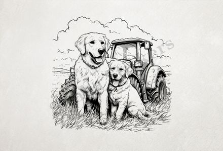 Dogs in love in front of a tractor, outline art, ys4y4f