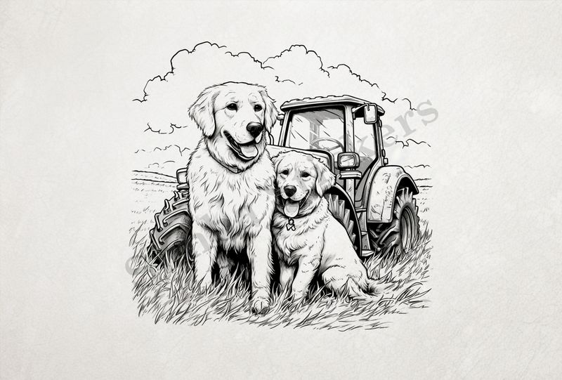 Dogs in love in front of a tractor, outline art, ys4y4f